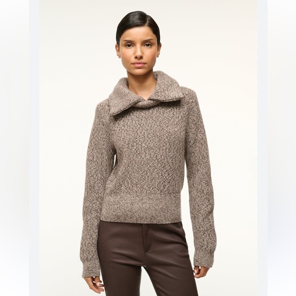 STAUD Women's Christopher Chunky Sweater Mocha Brown Melange Wool Knit Colar - Picture 1 of 13